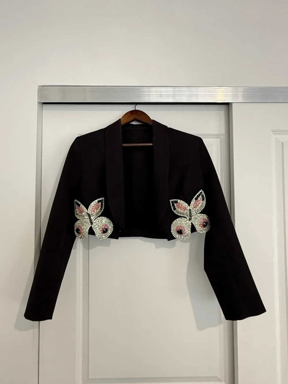 Black Embellished Mini Skirt and Blazer Set with Crystal Bunny Appliqués - Picture 3 of 5